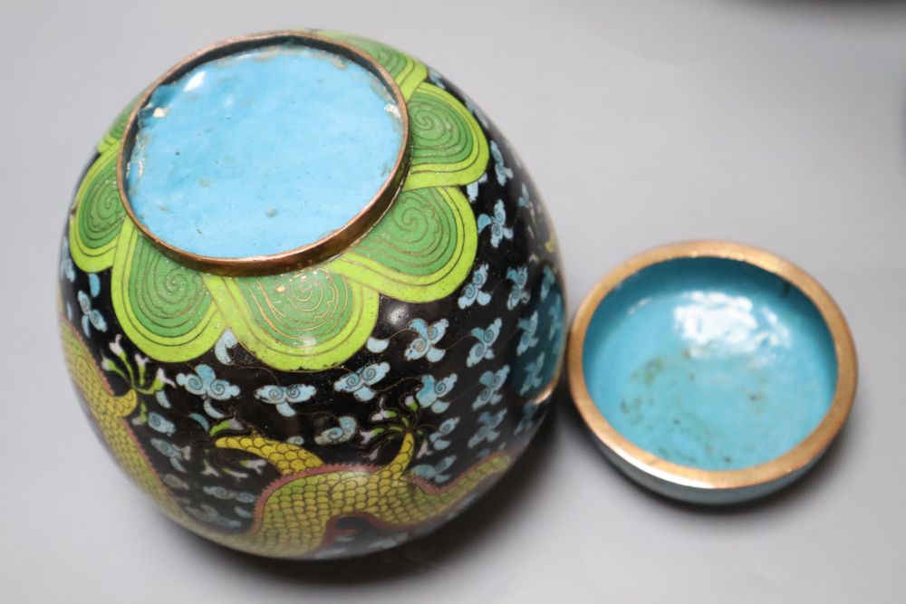An early 20th century Chinese dragon bowl, a box and cover and a ginger jar and cover, largest diameter 30cm